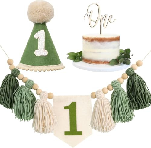1st Birthday Decorations Boy - First Birthdays High Chair Banner Set with Crown Hat Cake Topper, 1st birthday highchair banner birth day boy birthdays Highchair Garland decorations (One Green)