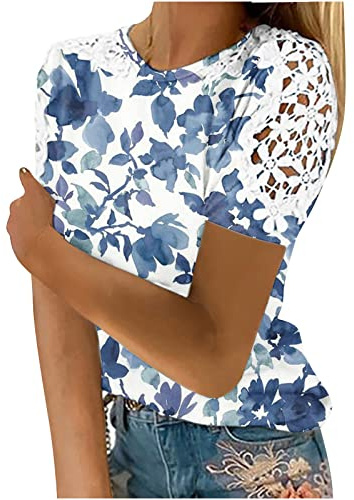 Women Blouse Party Elegant Tops Ladies Solid Short Sleeve Crew-Neck Pullover Lace Tops Shirts Blouse Business Office Ladies Loose Shirt for Spring/Summer