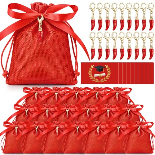 Otuuz 50 Sets Bomboniere Laurea Includere 50 Portachiavi Portafortuna, 50 Sacchetti, 50 Bigliettini, 1 Nastro, Regalo di Laurea per Festa(Peperoncino)