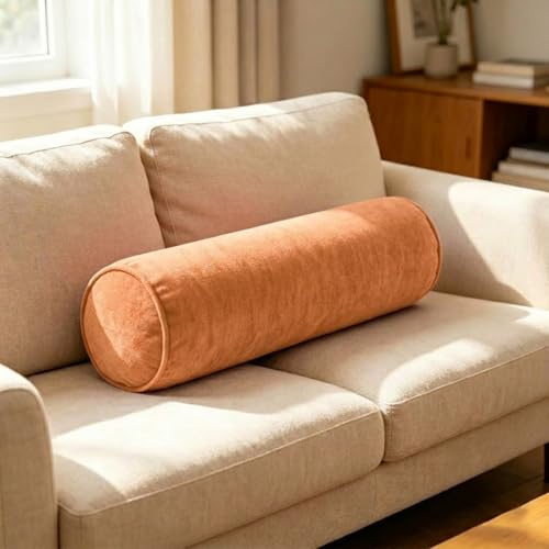 Generico Cuscino Cilindrico a Rullo 40cm 50cm 60cm 70cm 80cm 90cm, Cuscino Tubolare in Ciniglia Sfoderabile e Lavabile, Supporto in Spugna 50D per Lettura Letto, Divano e Relax(Arancia,15x50 cm)