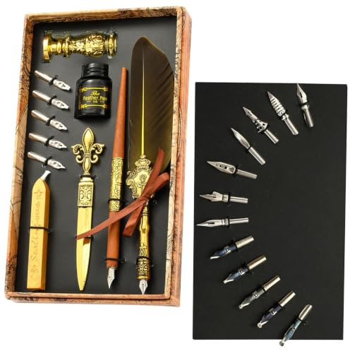 Quill Pen Ink Set | Quill Pen Ink Set Kalligrafi | Fjäderpennaset | innehåller fjäderpenna, bläck, ersättningsspetsar, vaxtätningsstift