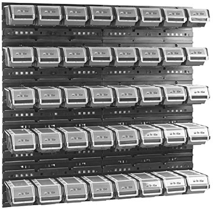 40 stck. Box mit Deckel + Wandregal 80 x 80 cm, Stapelboxen Schüttenregal Sichtlagerkästen Lagersystem (SCHWARZ)