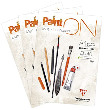 Clairefontaine 96537AMZC - Set mit 3 PaintOn Blöcken (250g, 100% extra weißes Zellulosepapier mit leichter Körnung, 21 x 29,7 cm, geleimt, 40 Blätter, ideal für Multitechniken) 1 Set, Extraweiß