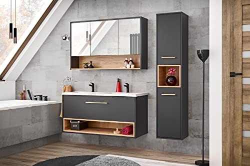 PIASKI Ensemble de meubles de salle de bain Bornéo 120 cm, ensemble de meubles de salle de bain, lavabo double inclus, meuble de lavabo double, couleur chêne/gris cosmos BORNEO 120