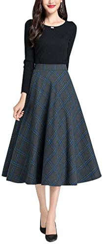 Artykey Jupe Longue Femme Hiver Élégant Carreaux Laine Midi Skirts Automne A-Ligne Taille Haute Plissée Jupe avec Poches Bleu L