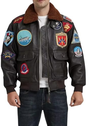 Mens Top Aviator USAAF Pilot Flying Tom Multiple Patches G1 Bomber Jacket Fur Collar Brown Bomber Leather Jacket (as1, alpha, xx_l, regular, regular, Faux Leather)
