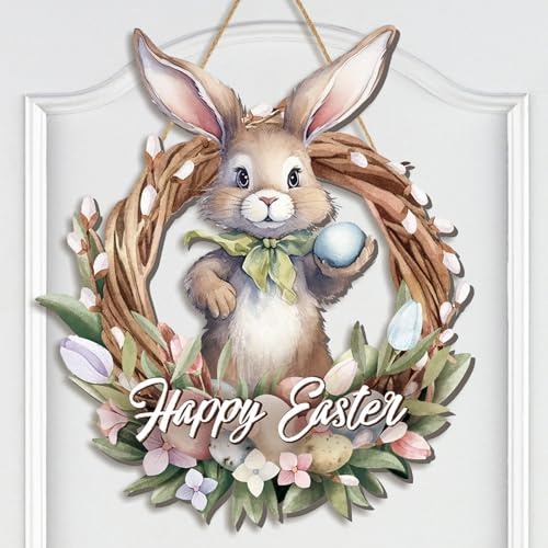 Queekay Easter Wreaths for Front Door Wooden Easter Bunny Sign 12.6 x 14.6 Inch Spring Hanging Door Sign Decorations Wreath for Spring Coffee Shop Bakery Indoor Outdoor Holiday Decorations