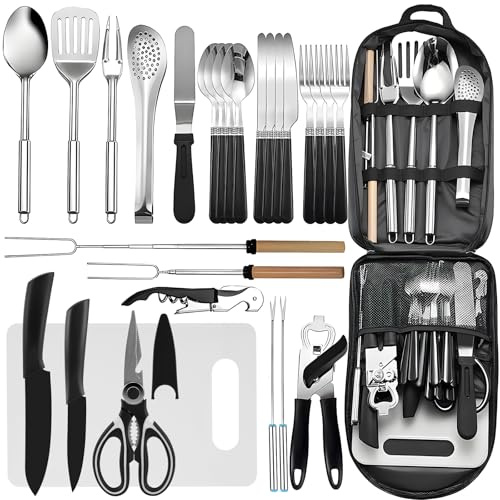 28Pcs Camping Cooking Utensils Set, Camping Utensil Set for Campervan,Camping Kitchen Utensil Organizer Travel Set, Accessories Set for Outdoor Hiking Picnic Trekking