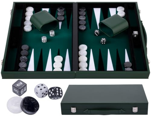 Engelhart – 250529 – Backgammon Deluxe 15 (38 cm) – Bräde med inlagd filt – Pärlemobrickor och tärningar – Grön/Svart