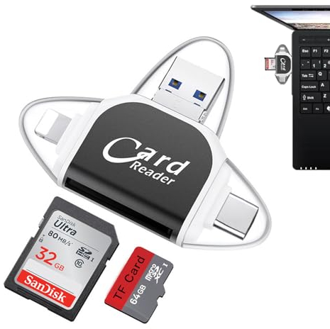Multi-Port 4 in 1 Universal Kartenleser,Card Reader 4 in 1,4-in-1-Universal-SD-Tf-Kartenleser,Card Reader,SD Card Reader,Cardreader für Phone/Pad, USB C Geräte Unterstützt (Schwarz)