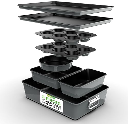 NutriChef 8-Piece Nonstick Stackable Bakeware Set â Non Toxic Carbon Steel Baking Trays W/Cookies Sheet Muffin, Loaf, Cake, Round & Square Pan â Easy To clean & Easy to Release, Oven Safe â Gray