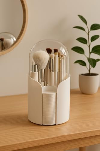 Makeup Brush Holder,5 Compartments Organizer with Clear Lid Opening Dustproof Brushes Container and Cotton Organizer for Eyeliners, Lipstick, Mascara for Bedroom, Washbasin, Office, Desk.