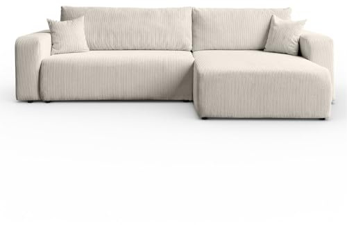 Sofello Ecksofa Senna mit Schlaffunktion Kordstoff - in den modischsten Farben!!Universal Schlafsofa Couchgarnitur -BEIGE-BRAUN-Creme Schlaffläche: 230x130 cm (Creme)