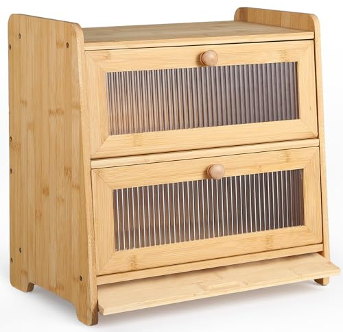 HAUSPROFI Contenitore per il pane in bambù a 2 ripiani, in legno con tagliere, ventilazione ondulata, finestra visibile, elegante scatola per il pane, 40 x 25 x 40 cm
