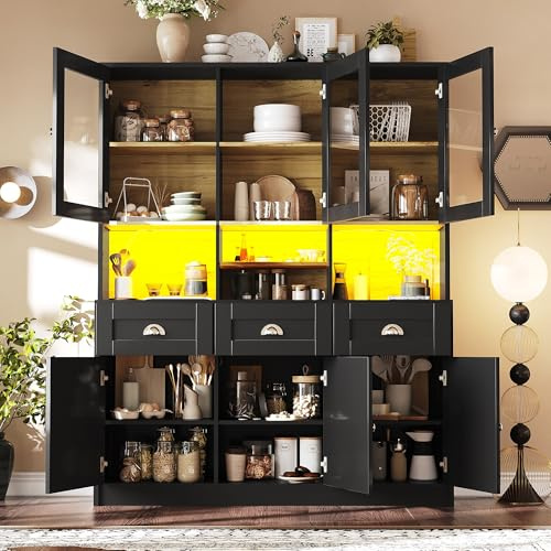 Ligterra Armadietto da cucina, a buffet, con ripiani regolabili, credenza con illuminazione a LED, colori luce variabili, 140 x 40 x 175 cm (nero)