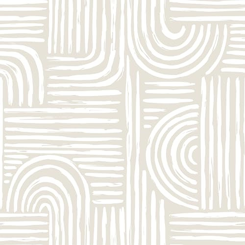 Decotalk Carta da Parati Geometrica Astratto Beige con Motivo ad Arco Boho 44.5X300cm Carta Adesiva per Mobili Beige Texture a Pennellate Art Deco Decorazioni Parete per Soggiorno Camera da Letto