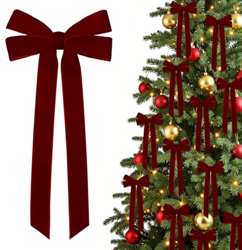 UXORSN 12 fiocchi in velluto bordeaux per decorazioni per albero di Natale, 12 x 25 cm, fiocchi per albero di Natale con lacci intrecciati, fiocco vintage, ornamenti natalizi, confezioni regalo, fai