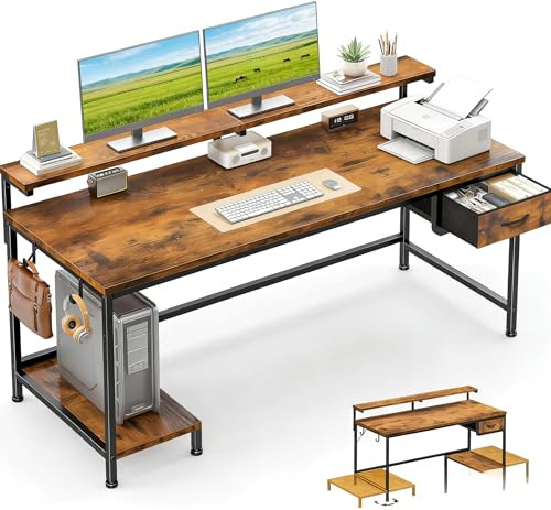 Cliporix 120cm Office Desk, Computer Desk with Drawers & Ergonomic Monitor Stand,Computer Table with Reversible CPU Stand for Home Work,Study Bedroom,Small Spaces, Easy Assembly, Rustic Brown