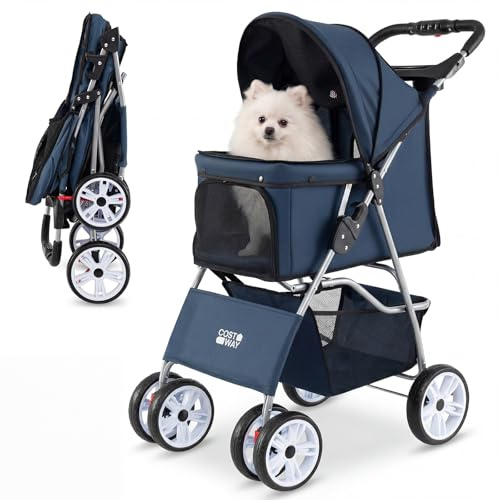 COSTWAY Passeggino per Cani Piccoli Pieghevole Facile, Carrozzina per Cani Portata Fino a 15 kg con Rete Traspirante e Copertura Impermeabile, Passeggino per Gatti per Viaggio (Blu)