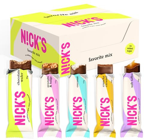 N!CK'S Chocolate bar Favourite Mix Variety Box, Keto Snack Bars No Added Sugar Gluten Free Candy Bars Low carb Sweets (12 x Chocolates)