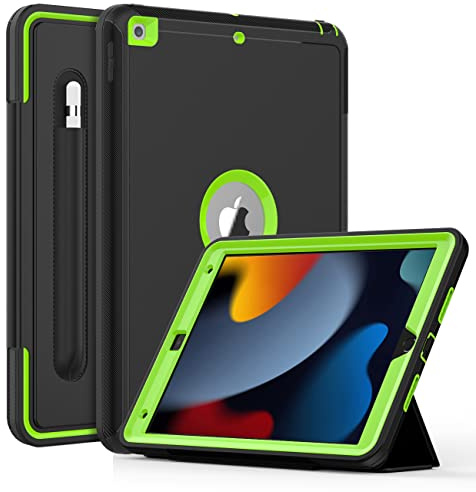 DAORANGE Cover per iPad 9a / 8a / 7a Generazione, Custodia Cover per iPad 10.2 2021/2020/2019, Robusto Pesante Antiurto Caso con portapenne, Supporto Trifold e Auto Svegliati/Sonno (Nero/Verde)