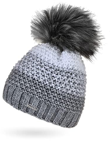 Neverless® Damen Strick-Mütze gefüttert Fleece Fell-Bommel Kunstfell Winter-Mütze Bommelmütze Grobstrick Mehrfarbig hellgrau-weiß Unisize