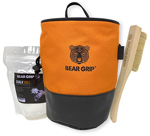 BEAR GRIP Premium Chalk Bag Bundle Pack for Rock Climbing with Waist Belt Chalk Ball and Brush. (Orange)