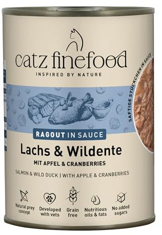 catz finefood Ragout N° 605 - Nourriture Humide pour Chats au Saumon et au Canard - Nourriture Fine pour Chats en Sauce sans céréales ni Sucre à Haute teneur en Viande - Boîte de 6 x 380 g