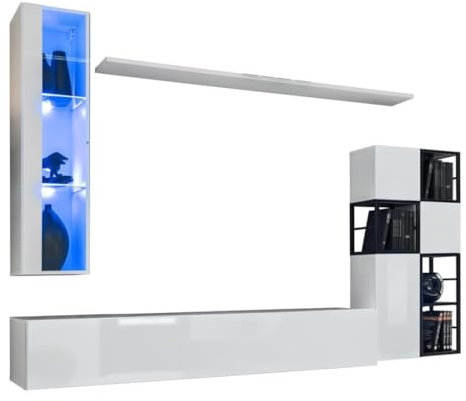PRICE FACTORY just for you Ensemble Meubles de Salon Style Industriel Switch M2 – Blanc – LED intégrées – Design Moderne