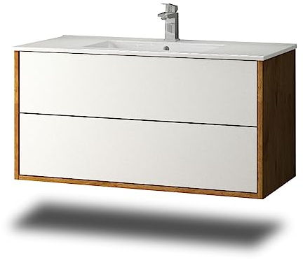 Stil.Zeit Evelia Badmöbel inkl. Waschbecken | Waschtisch mit Unterschrank 100.5 cm | Eiche/Weiss | Push-to-Open/hängend