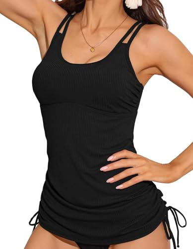 Charmo Women Ribbed Tankini Top Only Ruched Side Tie Swimsuit Push Up Bathing Suit Tankini Swimwear Top Black XL