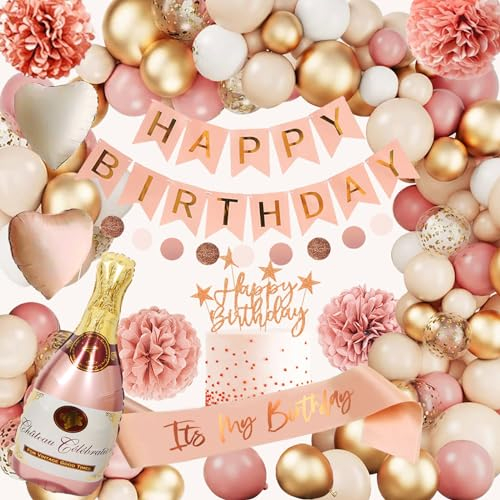 Geburtstagsdeko Mädchen Frauen, Geburtstag Deko Rosa Beige, Deko Geburtstag Frau, Kindergeburtstag Birthday Decorations mit Happy Birthday Girlande Ballon Girlande Pompons für Boho Party Deko
