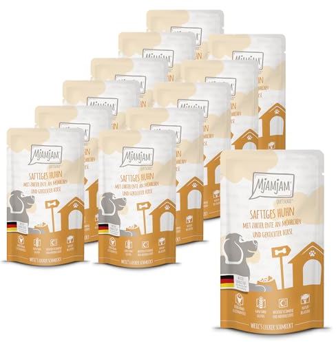 MjAMjAM - Premium Nassfutter für Hunde - Quetschie - saftiges Huhn mit zarter Ente an Möhrchen und gekochter Hirse, 12er Pack (12 x 125g), glutenfrei mit extra viel Fleisch