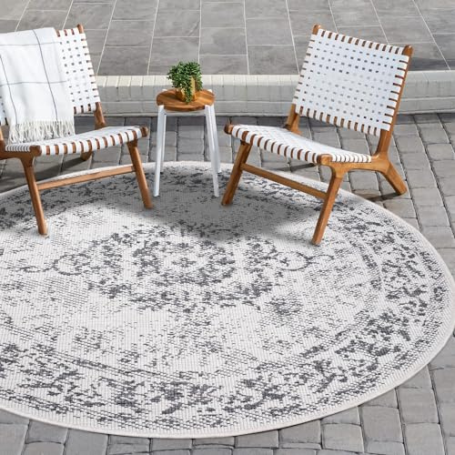 payé inomhus- och utomhusmatta – grå grädde – 160 x 160 cm rund – ornament – vändmatta väderbeständig för balkong terrass – inomhusmattor, vardagsrum, kök