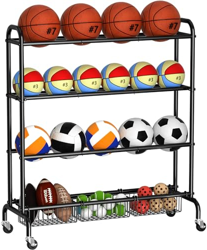 GIOTORENT Basketställ, 4-lagers rullande boll förvaringsfack, justerbar boll organiseringshållare för #3#5#6#7, basketställ träningsstativ, rörlig, robust, utomhus, 3 korgar, 2 bromsar, svart