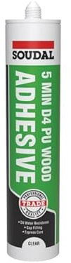 Soudal 5 Minute D4 PU Wood Adhesive Silicone Sealant Glue Gel Trade Fast Curing Clear 290ml Cartridge Bonding Water Resistance Gap Filling Polyurethane PU High Strength, Solvent Free