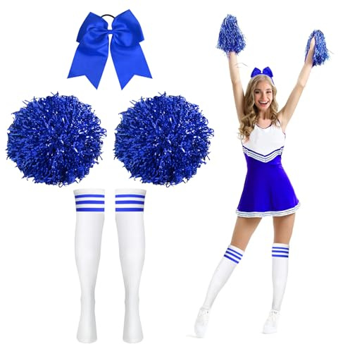 Pompon da cheerleader, 2 pompon da cheerleader, con calze e elastici per capelli, pompon da cheerleading cheerleader, con manici Cheer Poms per cheerleading performance, ginnastica (blu)