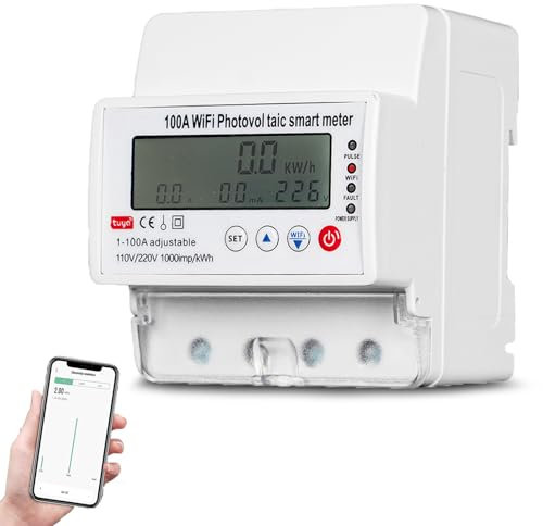 SiRyder Compteur D'énergie Intelligent Wifi,100A 220V Compteur Photovoltaïque LCD Tuya Smart Comptage Bidirectionnel/Protection Contre la Surtension/Sous-Tension/Contrôle à Distance/Gestion Prépayée