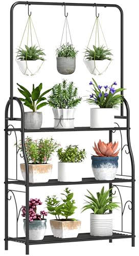 Outsunny Estantería para Plantas de 3 Niveles Soporte para Plantas con Ganchos de Metal Barra para Colgar Soporte para Macetas para Interior y Exterior Negro