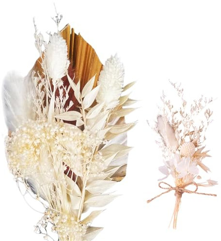 Dried Flowers for Cakes,Gold Palm Leaf Cake Topper,Boho Cake Decorations,White Dried Flowers Bouquet,Flower Cake Decorations,Suitable for Birthdays,Weddings and Crafts,with 1 Mini Bouquet