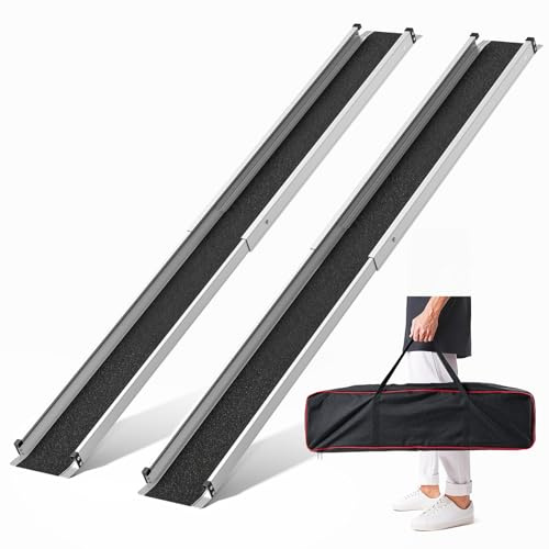 FACHNUO Rampe Télescopique pour Fauteuils Roulants 184 cm Rampe en Aluminium (Charge 272 kg) avec Sacs en Textile - pour escaliers, marches, Portes, Lot de 2
