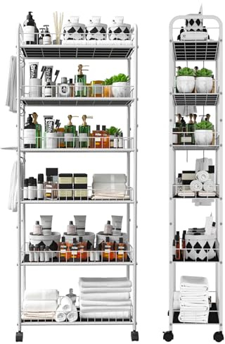 Seadasyoon 10in 6 Tier Slim Storage Cart with Wheels, Narrow Space Rolling Shelving Unit with Handle, Metal Wire Mobile Organizer Rack for Kitchen Bathroom Office Laundry