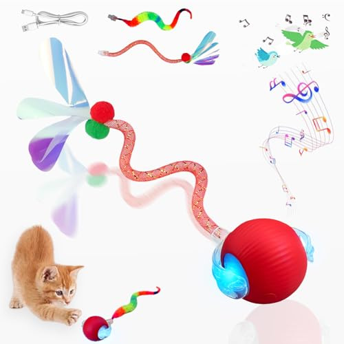 Yaruiguang Speedy Tail 2.0 Cat Toy – 2 Replaceable Tails, Controllable Chirping, Motion Activated Rolling Ball, USB Rechargeable – Enrichment & Exercise for Bored Indoor Cats, Kittens (Red)