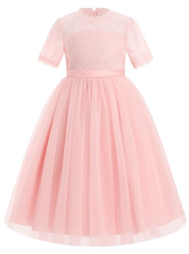 EFOGEP Vestido de encaje para niña, manga corta, cuello redondo, tul, tutú, princesa, vestido de flores, cumpleaños, dama de honor, boda, fiesta, desfile, primera comunión, vestido de baile