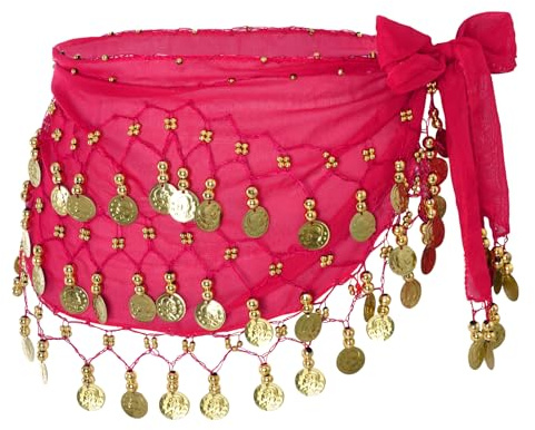 Jmkcoz Women Belly Dance Hip Scarf with Sequins Coins, Belly Dancing Skirts Wrap for Bellydance Halloween Performance Costume (Hot Pink)