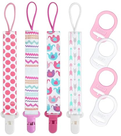 WEDAWIN 4PCS Attache Tetine Tissu, Accroche Tétine Bebe, Attache Sucette Chaîne en Tissu avec 4 Pcs Adaptateur de Sucette pour Bébé, Durable–Haute Ténacité (Rose)