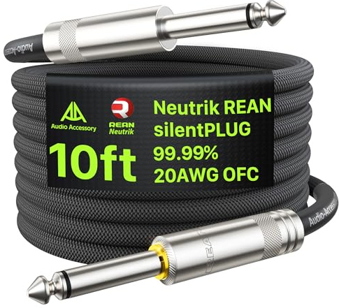AA AUDIO ACCESSORY Silent Guitar Cable 10 ft, Neutrik REAN silentPLUG, Hot-Swapping Guitars Without Pop, Kevlar-Reinforced Auto Mute 20 AWG 99.99% OFC 1/4 Instrument Cable, Nylon Braided Amp Cord