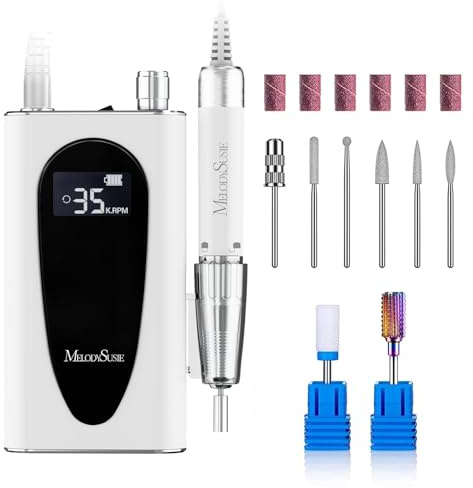 MelodySusie Coreless Professional Nail Drill 35000RPM, Rechargeable Cordless Nail File Portable Efile for Acrylic Gel Nails Remove, 8Pcs Nail Drill Bits, Low Noise, Low Heat (White)