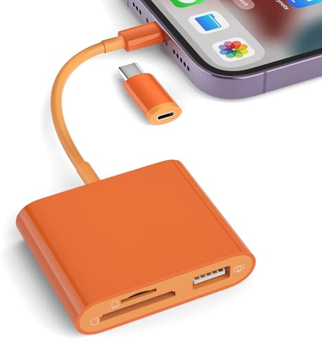 SD Card Reader for iPhone, Memory Card Reader with USB-C to Light-ning Adapter Plug and Play Trail Game Camera Micro SD Card Viewer Support SD/TF Card and USB for iPad No App Required (Orange)