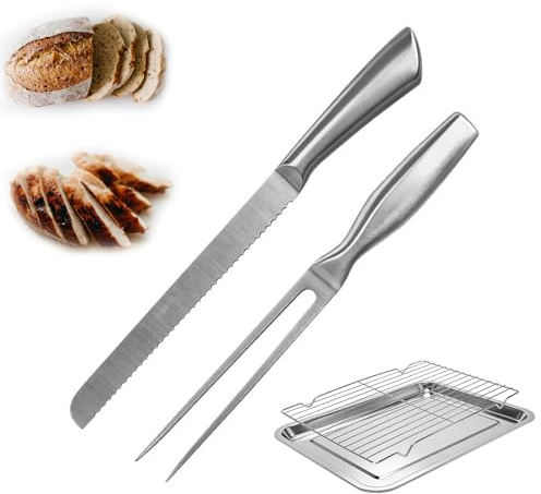 Accessorio per hamburger, teglia da forno da 39,4 cm, con griglia di raffreddamento, coltello da intaglio e forchetta per carne per arrostire, intagliare tacchino, prosciutto e petto di petto
